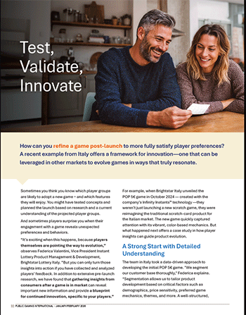 Public Gaming International Magazine article: Test, Validate, Innovate