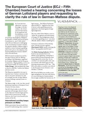 Public Gaming International Magazine interview or guest article: The European Court of Justice (ECJ – Fifth Chamber) hosted a hearing concerning the losses of German Lottoland players a