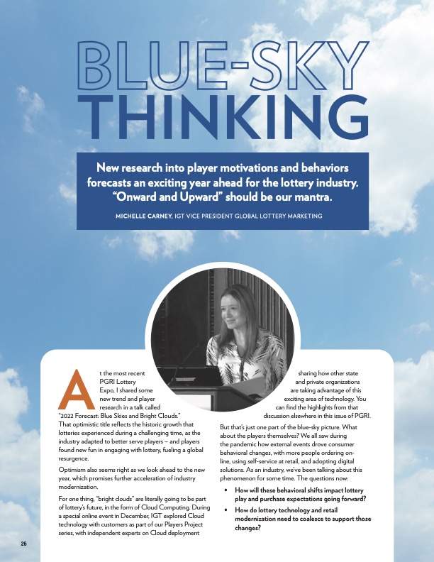 Public Gaming International Magazine article: Blue-Sky Thinking