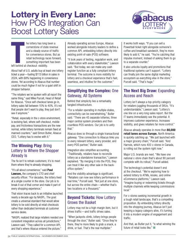 Public Gaming International Magazine article: Lottery in Every Lane: How POS Integration Can Boost Lottery Sales